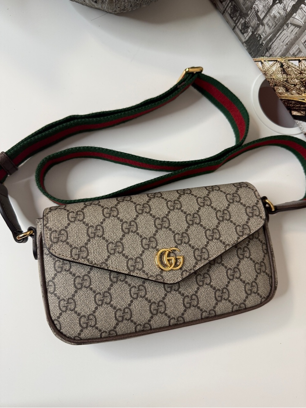 Gucci Beige GG Supreme Crossbody with Green and Red Web Strap